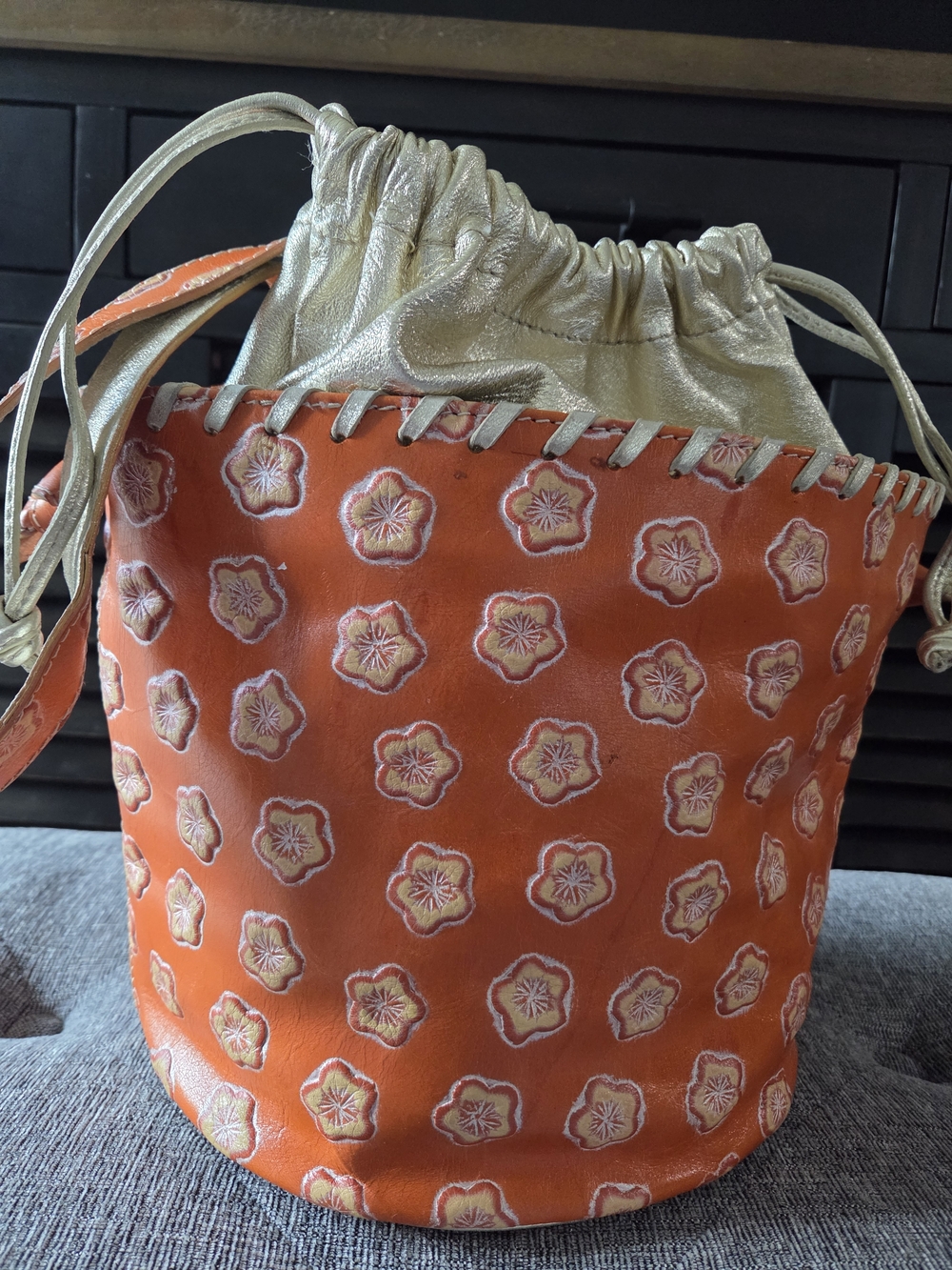 PULICATI Orange Floral Embossed Leather Bucket Bag with Gold Drawstring - Picture 3 of 13